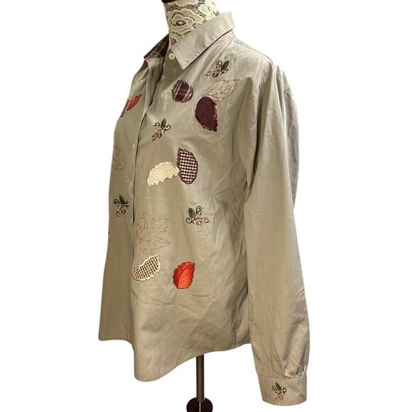 Karen Scot sport nature leaf patch long sleeve button up shirt L brown - Picture 2 of 6